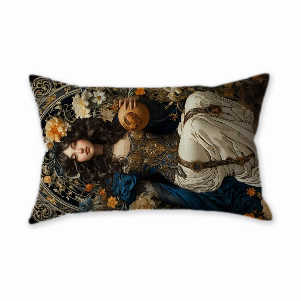 Nouveau Art Mucha Style Princess Girl Beautiful Elegant Lady Rectangle Sofa Pillow Case Linen Lumbar Waist Pillow Cushion Cover