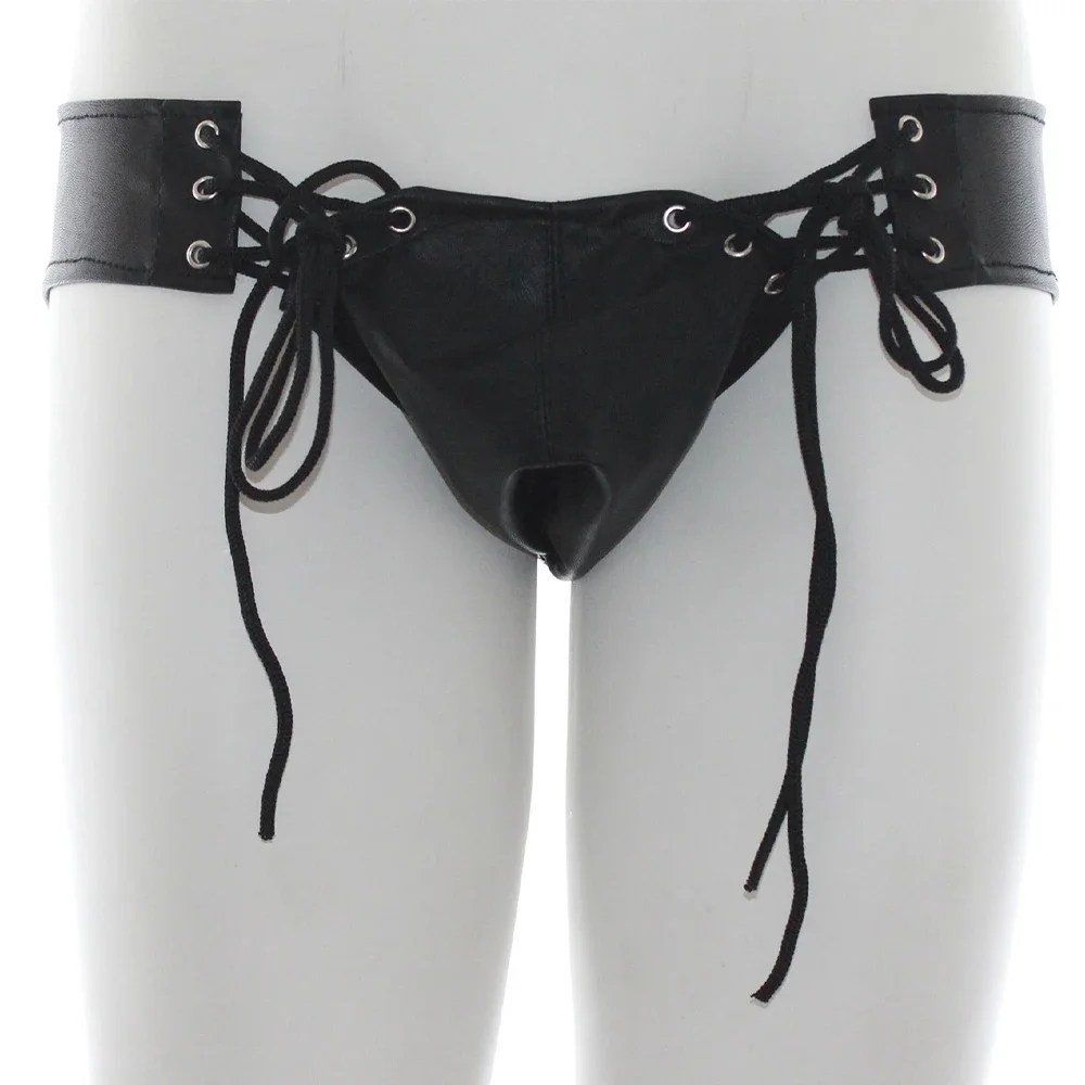 

Mens Faxu Leather Briefs Lace-up Bandage Erotic Lingerie Gay Sexy Underwear Jockstrap Bulge Pouch Underpants Harness Chastity