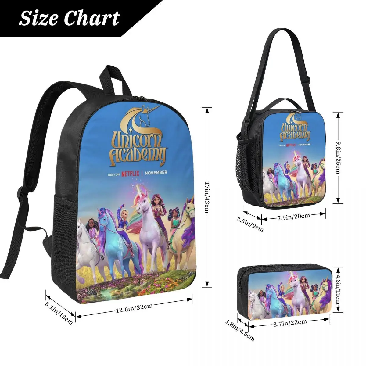 Unicorn Academy Backpack Boys Girls BookBag School Bag Computer Shoulder Bags 3ps Insulated Lunch Bag Pencil Case