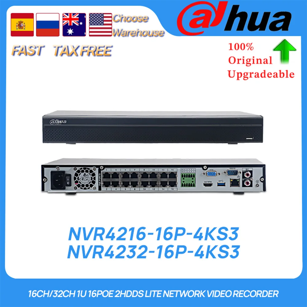 Dahua Original NVR4216-16P-4KS3 NVR4232-16P-4KS3 16CH/32CH 1U 16PoE 2HDDs Lite AI Network Video Recorder 2 SATA Face Detection