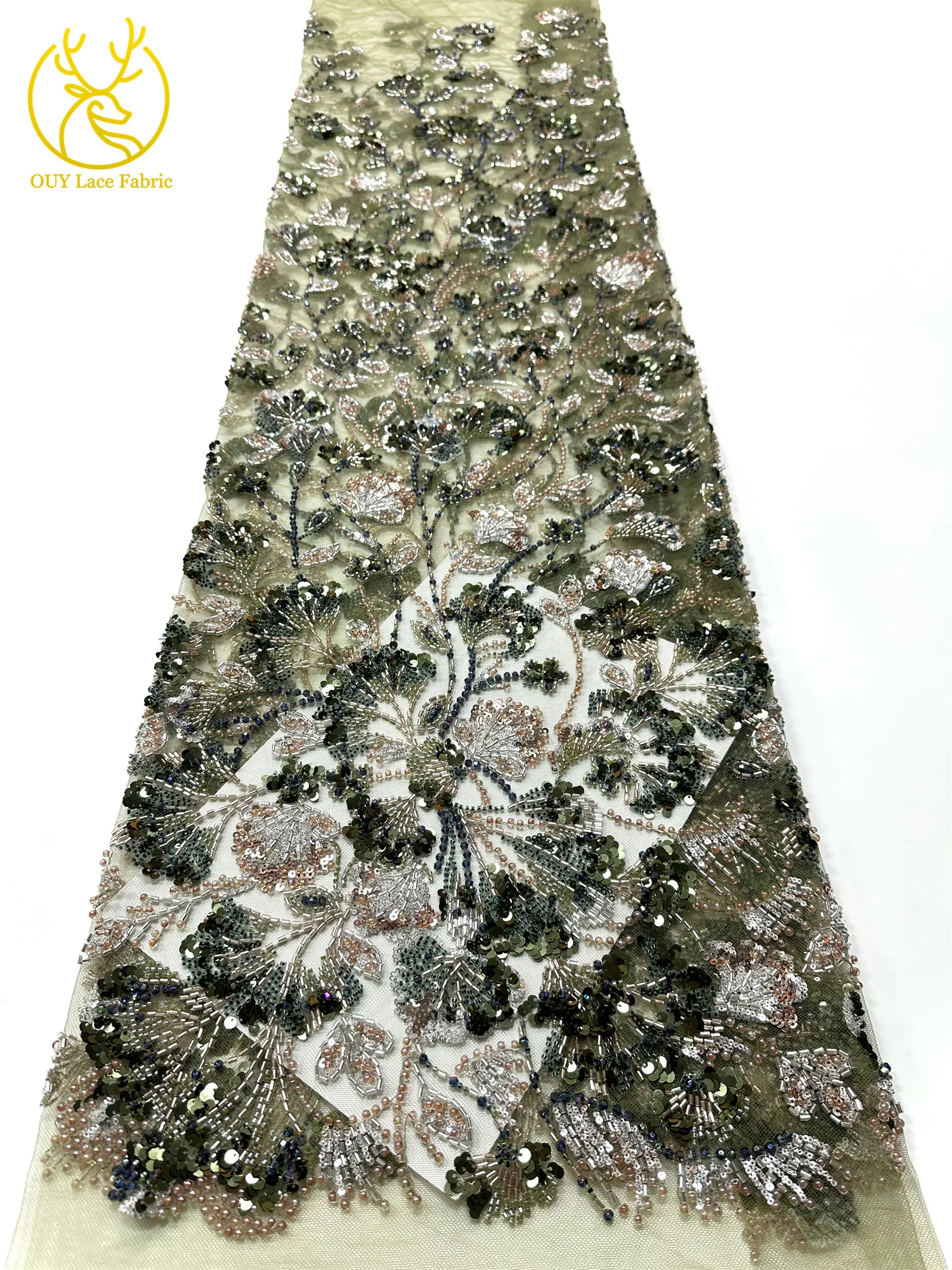 Luxuriöser afrikanischer schwerer Perlen-Spitzenstoff 2026, hochwertiger nigerianischer Tüll mit Pailletten, Spitzenstoff, Brautkleid, Haute Couture-Stoff – Detail 16