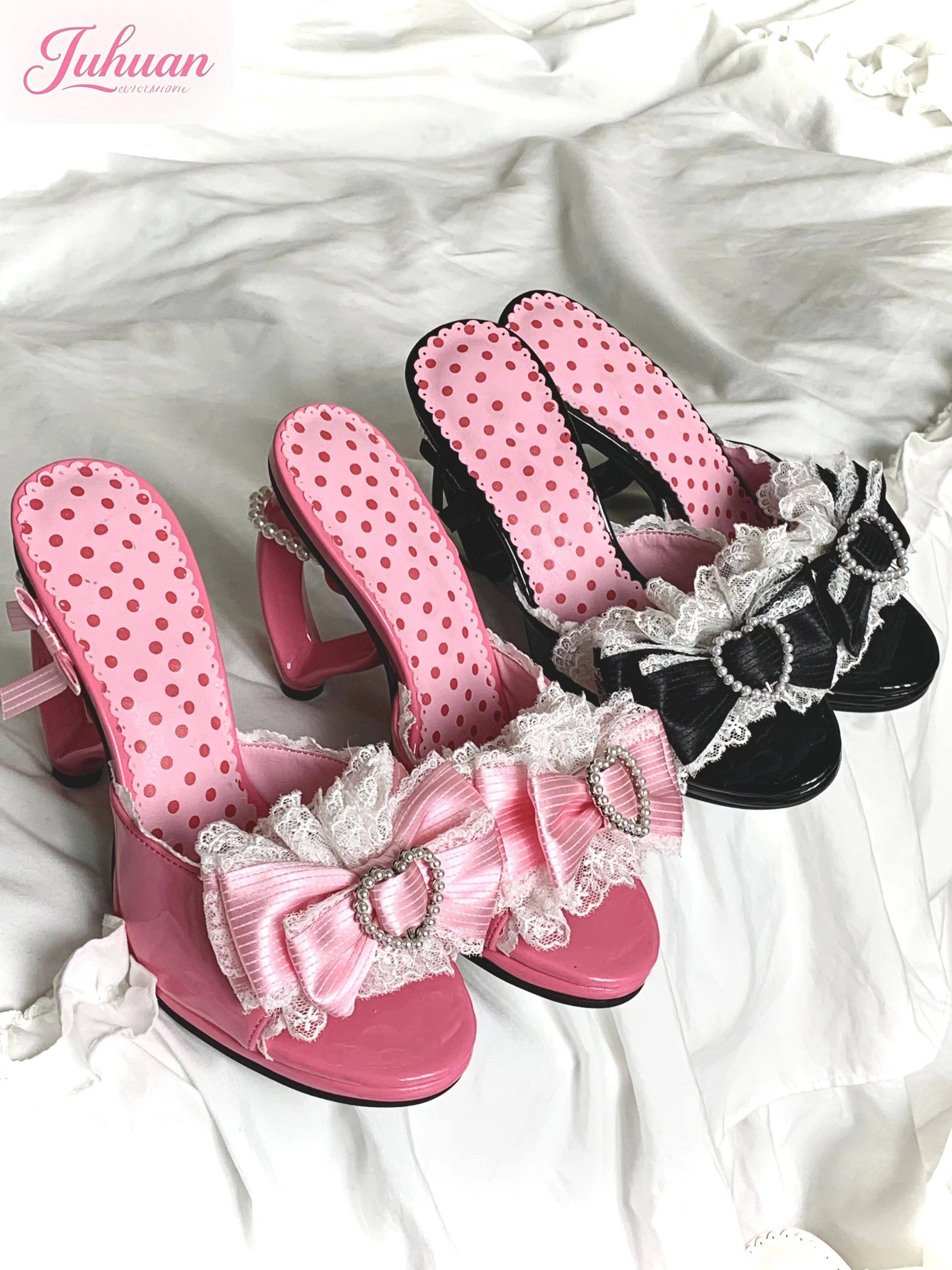 

Japanese Pink Bow Love Heel Sandals Women's Outer Wear 2025 Summer New Sweet Lolita High Heel One-word Slipper Kawaii Girl Shoe
