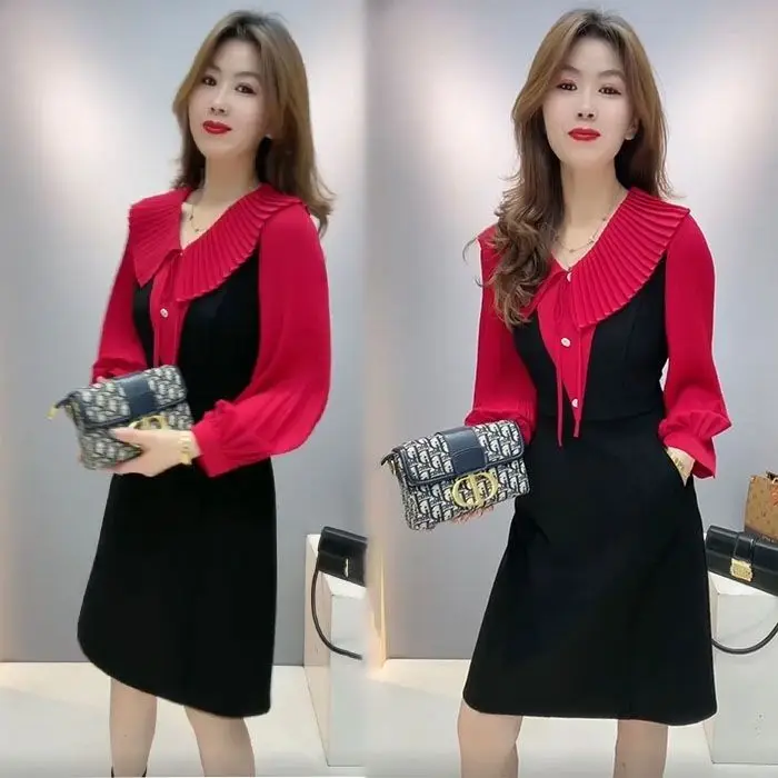 2024 Spring and Autumn New Style Slimming Long Sleeve Splicing Fashionable Age Reducing Middle Aged Women\'s Fashion Collar Dress