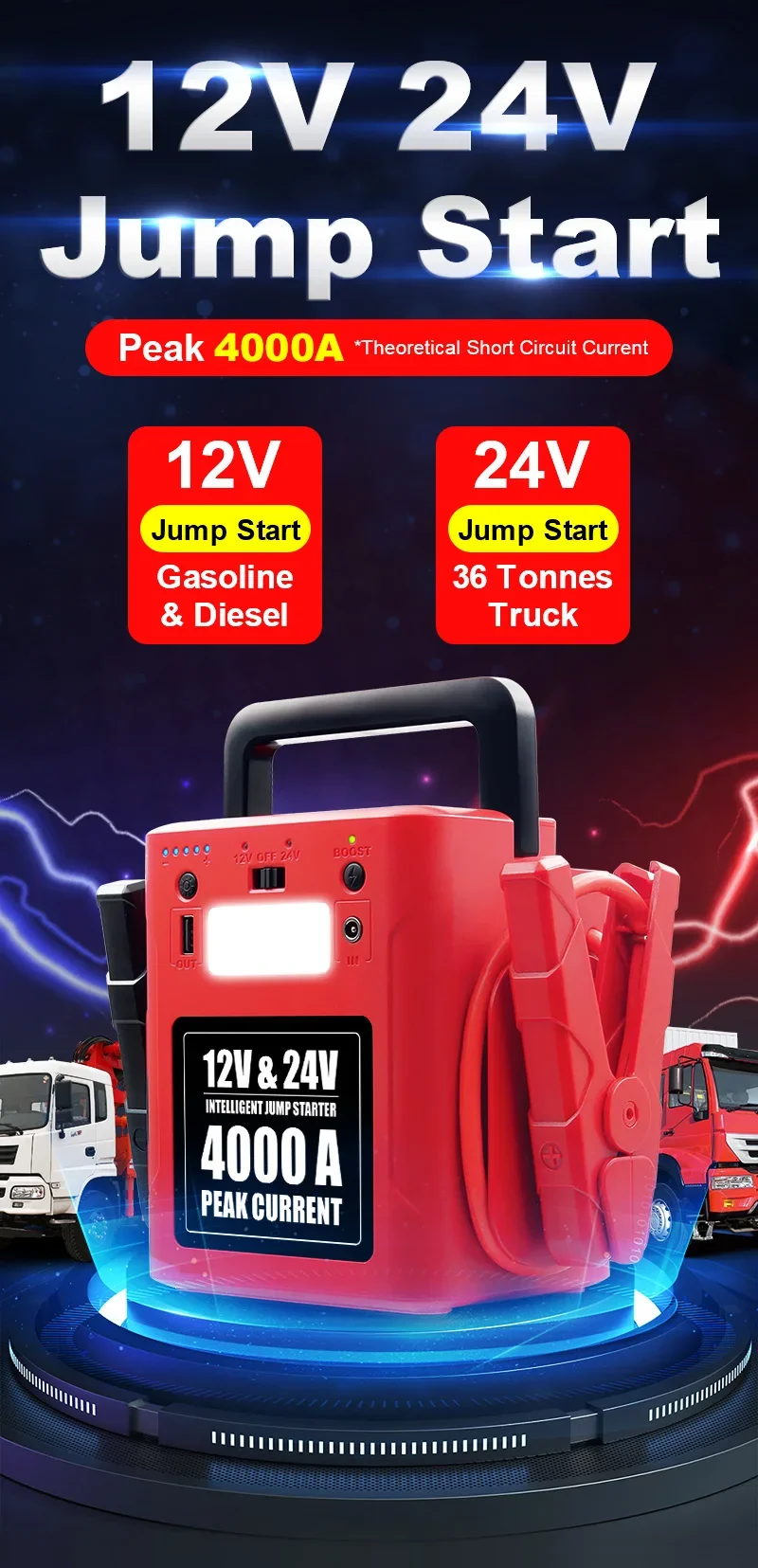 High Quality High Power 24 Volt 4000A Jump Starter Battery Booster with USB Led Light for Emergency Rescue