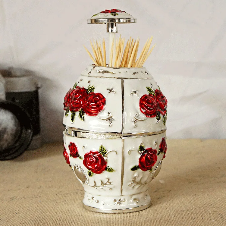 Hand-painted kitchen toothpick jar box automatic bouncing flat-bottomed egg-shaped toothpick jar rose desktop storage box