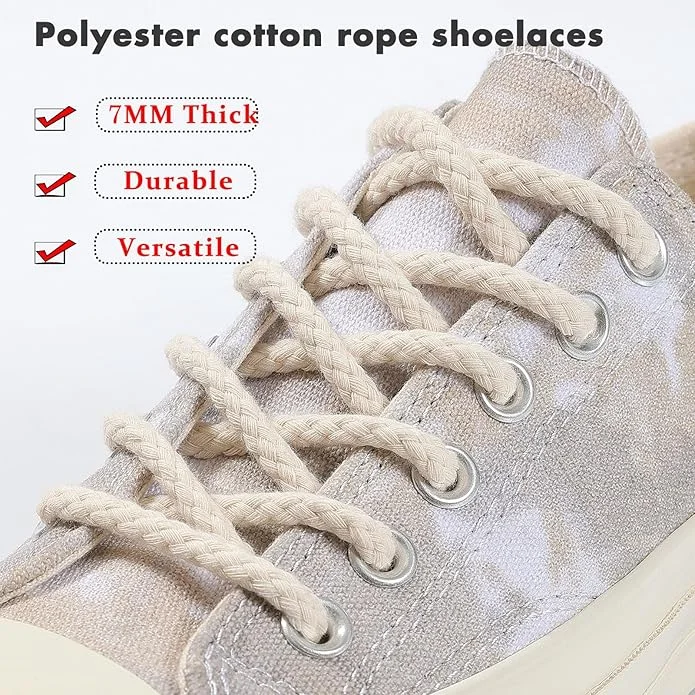 7MM Thick Cotton Rope Shoelaces, Durable Braided Laces for Casual Shoes Sneakers & Outdoor Footwear 100/120/140/160/180CM Length