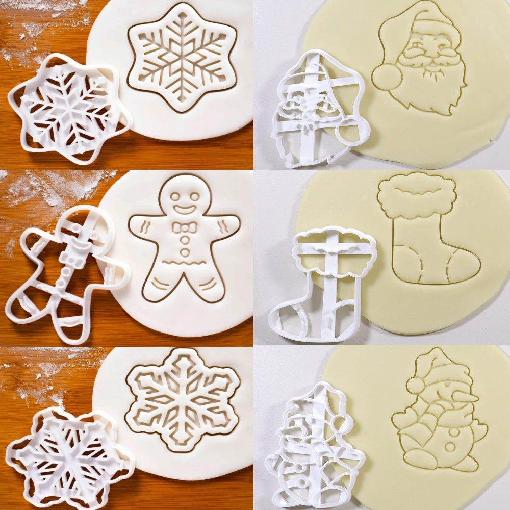 Christmas Cookie Cutter Xmas Snowflakes Santa Claus Fondant Biscuit Embossing Mold DIY Plastic Pastry Baking Mould Kitchen Tools