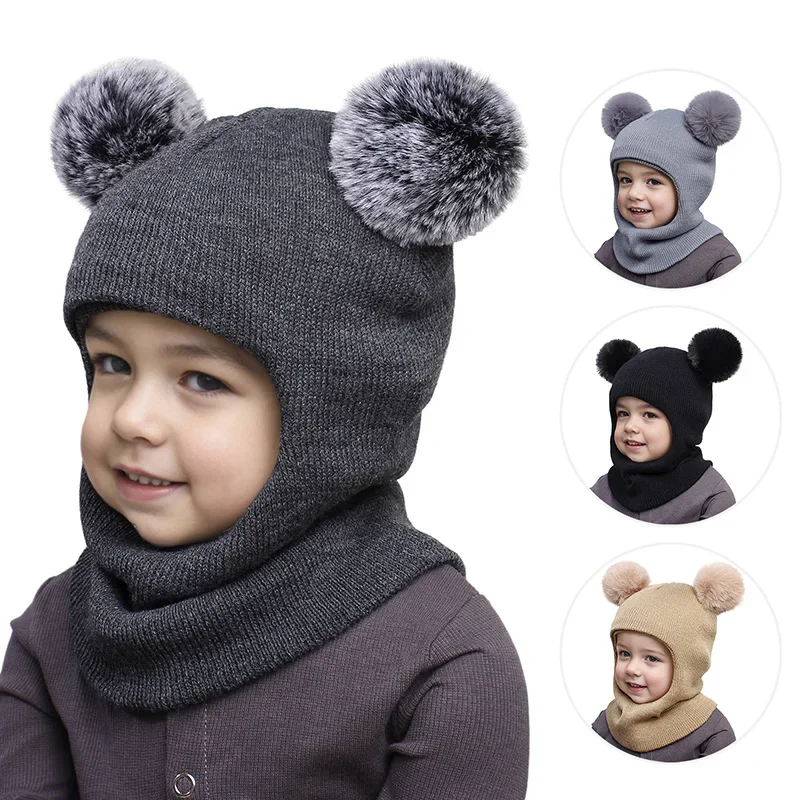 

One-Piece Baby Hat Scarf for Boys Cute Pompom Kids Knitted Beanie Winter Infant Girls Cap Ears Neck Warm Protection Bonnet 1-5Y