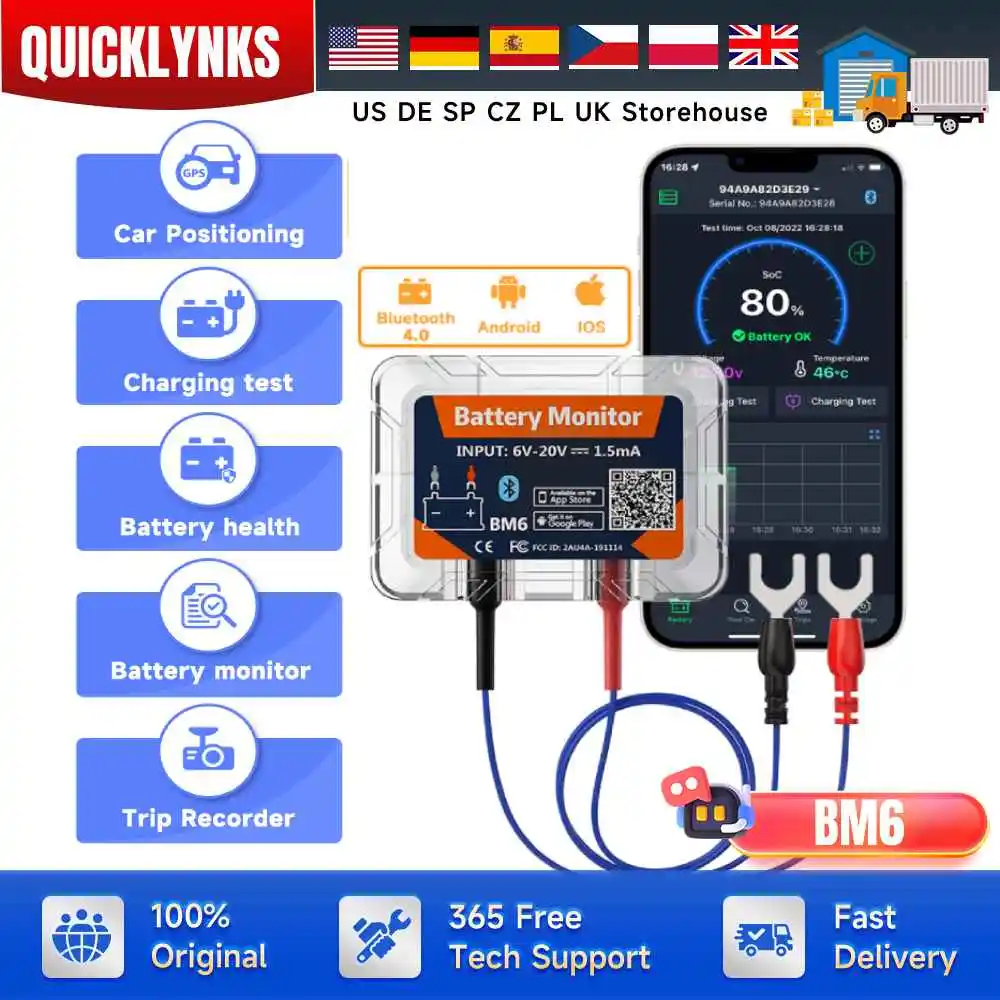 

QUICKLYNKS BM6 Wireless 4.0 Bluetooth Монитор батареи 12 В Автомобильный аккумулятор Мониторинг здоровья Тестер батареи для мотоцикла Грузовик Автомобиль