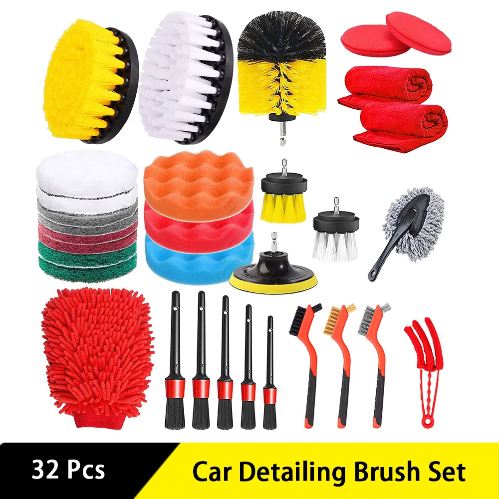 32 Pcs Car Detailing Brush Set with Scouring Pad Car Foam Drill Polishing Pads Woolen Polishing Pad for Claning Shower Toilet