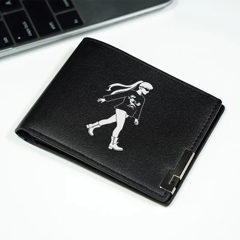 Minimalistyczny czarny portfel z PU z eleganckim nadrukiem kobiecej postaci, wysokiej jakości, biznesowy styl, kompaktowa konstrukcja do codziennego użytku.