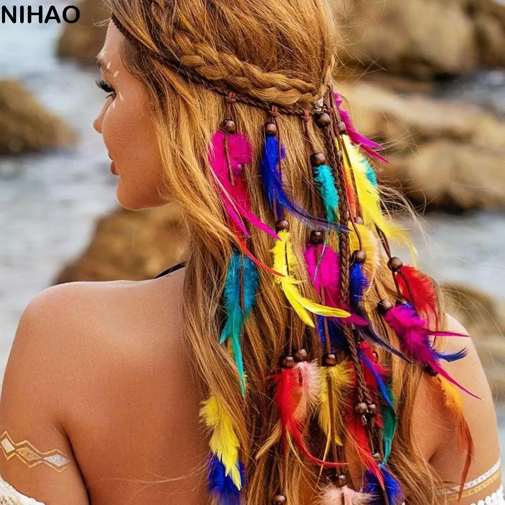 Diadema de plumas con borlas a la moda, tocado de estilo bohemio con cuentas ajustables, disfraz étnico, diadema india de arcoíris festiva