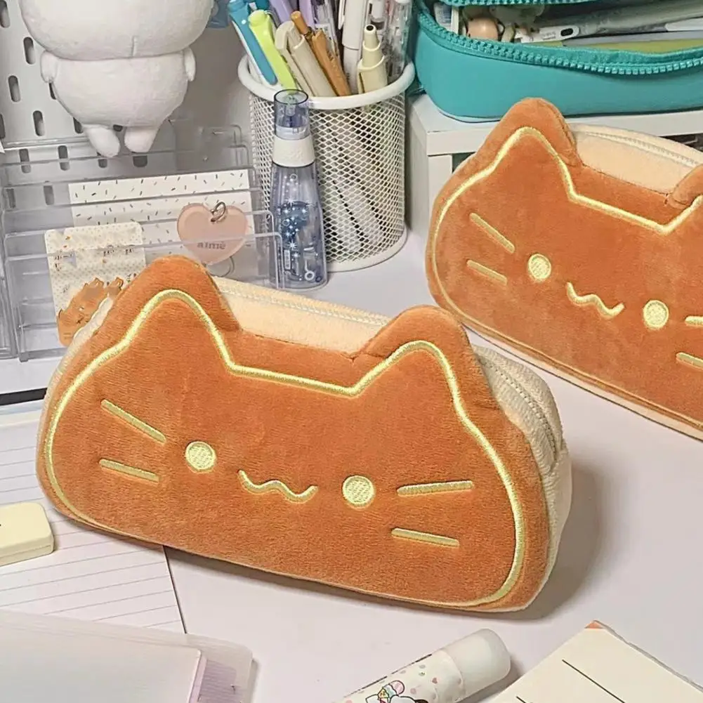 Plush Cat Pencil Case Cute Animal Pencil Pouch Large Capacity Stationery Bag Smooth Zipper Spacious Pencil Organizer