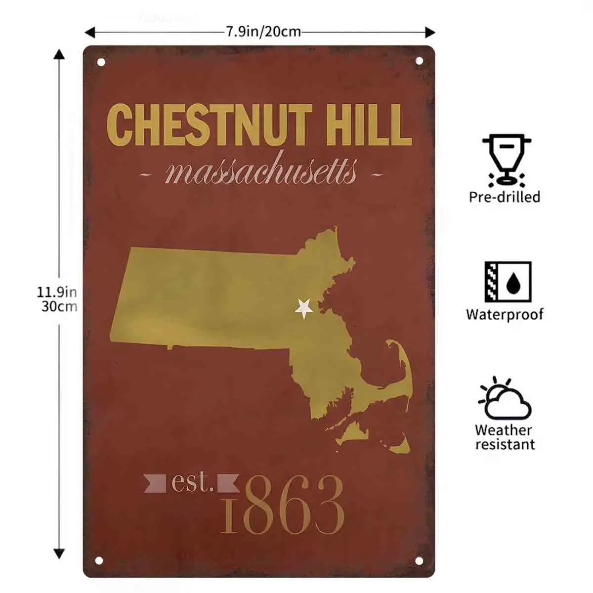 2D FLAT 1pc Chestnut Hill Massachusetts Gold Map Metal Wall Sign Decoration for Home Cafe Garage Bedroom Porch And Garden