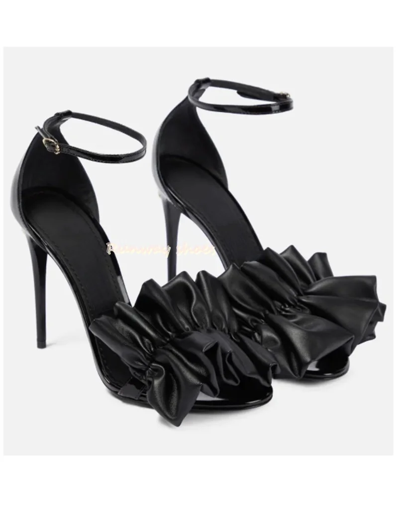 Product Name:Black Stilettos Luxury Sandals Pointed Toes Ruffled Flower Design Ankle Strap Buckle Summer Sexy Banquet Women's Sh