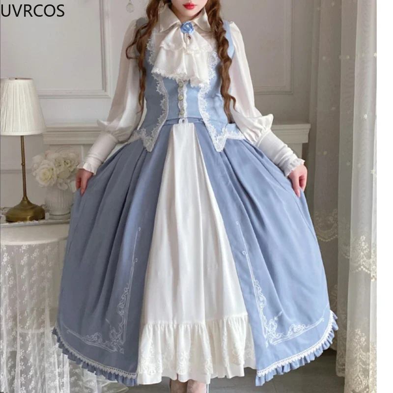 Vintage Victorian Lolita Dress Sets Women Sweet Bow White Shirts High Waist Elegant Princess Skirts Evening Party Midi Dresses