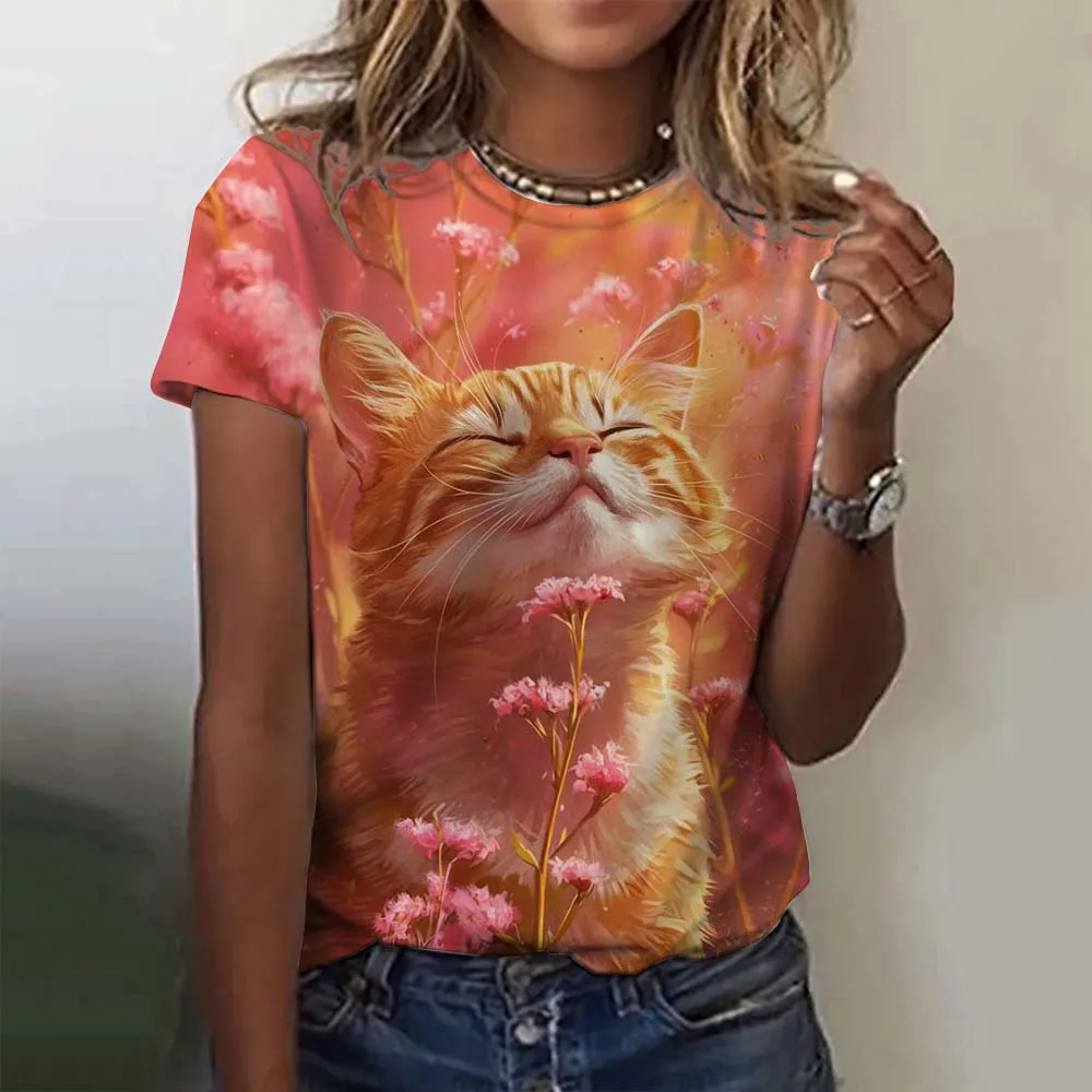 Women's T-shirt for Girls Cute Cat Pattern 3D Print Tops Summer Short Sleeve Casual Fashion Women's Clothes Oversized T-shirts