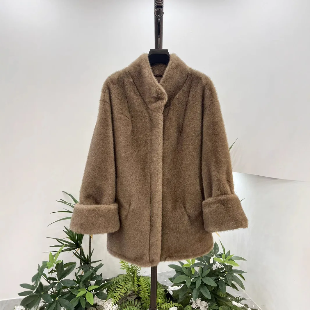 Spring Warm Imitation Mink Plush Medium Long Fur Coat Women Winter Stand Up Collar Fur Integrated Loose Fur Jacket Light Luxury