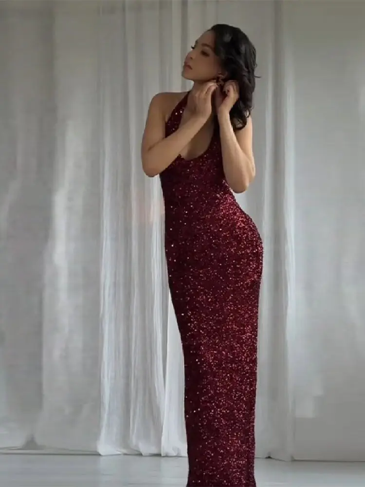 Mulheres de luxo brilhante lantejoulas festa maxi vestido sexy sem mangas sem costas halter robes ver através de malha vestidos 2026 vestidos de noite