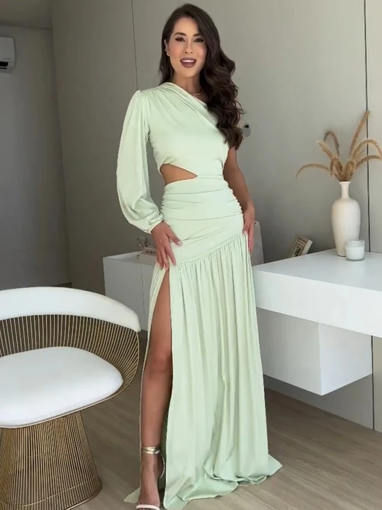 

Sexy Slanted One Shoulder Cut Out Long Dress Women Mint Green Long Sleeve Ruched Pleat Maxi Dresses Elegant Evening Party Gowns