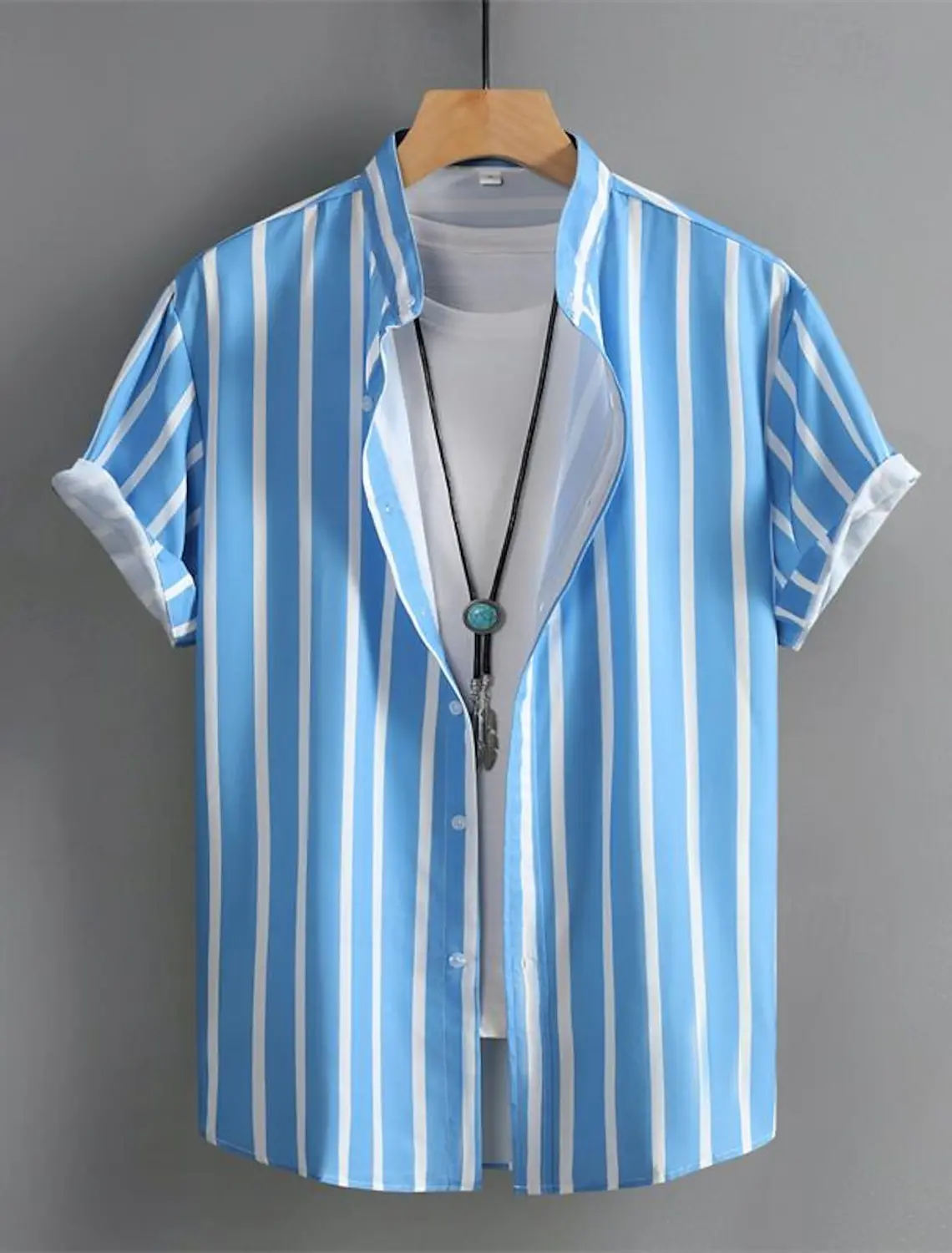 Camisa de botão casual masculina, Camisa de verão, Camisa de praia, Manga curta, gola banda listrada, Roupa havaiana, moda