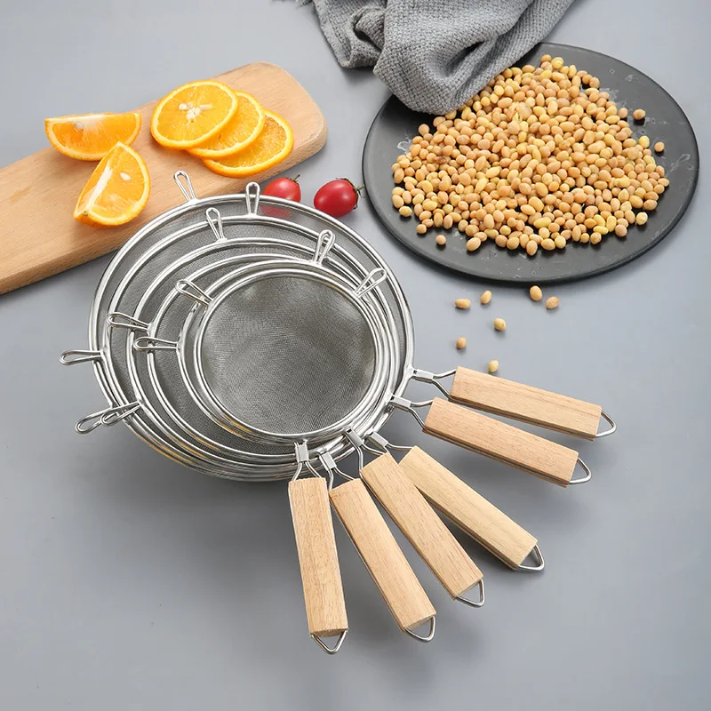 

304 Stainless Steel Large Strainer Wooden Handle Double Ear Deep Frying Scoop Household Kitchenware Lo Mein Strainer