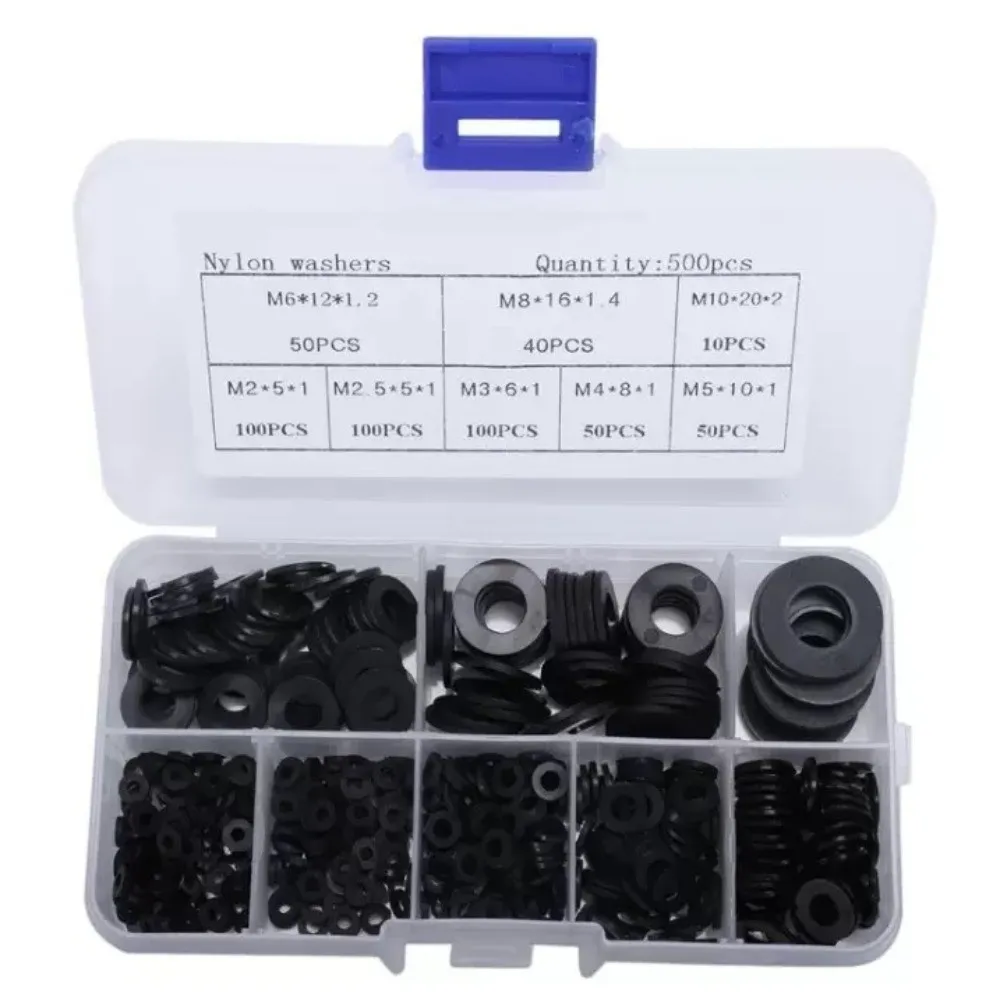 210/350/500pcs Black White Nylon Washers Multi-Size Corrosion-Resistant Flat Washer M2-M10 Gasket Ring Kit