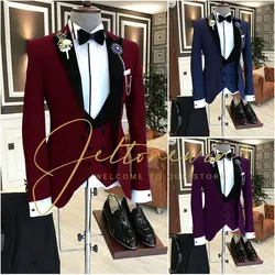 Custom Made Burgundy Black Velvet Lapel Suits For Men Groom Tuxedo 3 Piece Wedding Mens Suit Terno Masculino Jacket+Pant+Vest