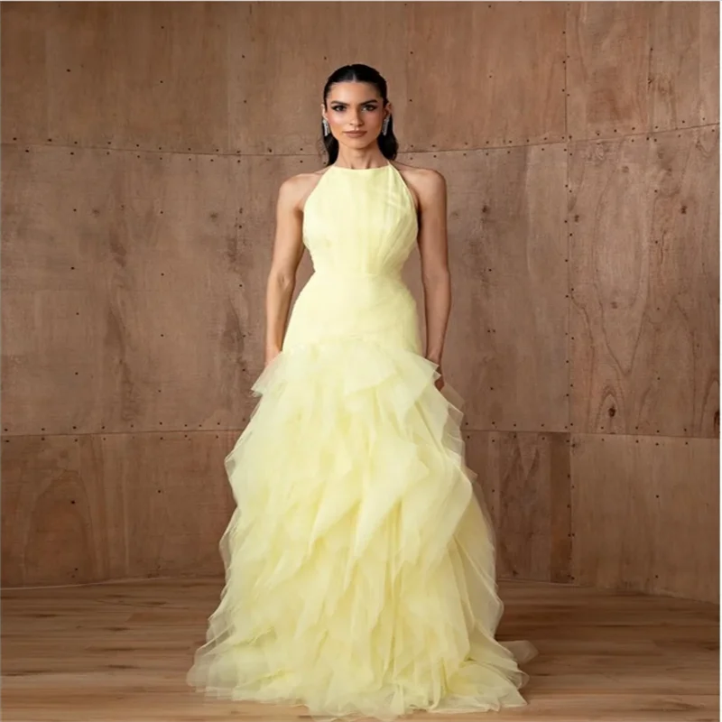 

Customized Yellow Halter Neck Multi-Layered robes de soirée Mesh Fabric A-line Party Dresses Floor-Length Prom Dress 2025
