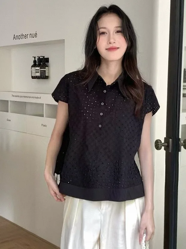 Csa de manga corta a la moda de verano para mujer, cuello  calado, Top pequeño y bonito de estilo coreano juvenil dulce