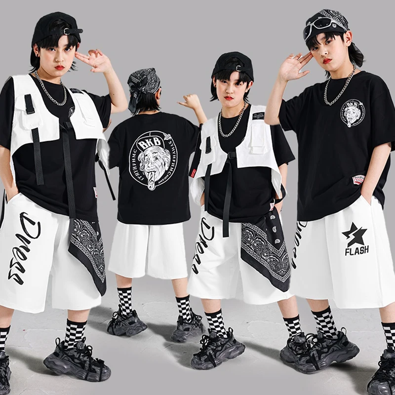 2025 Costumi di performance di danza jazz moderna per ragazze T-shirt nera Gilet bianco Pantaloncini larghi Abiti Ragazzi Abbigliamento Hip Hop DQS19843