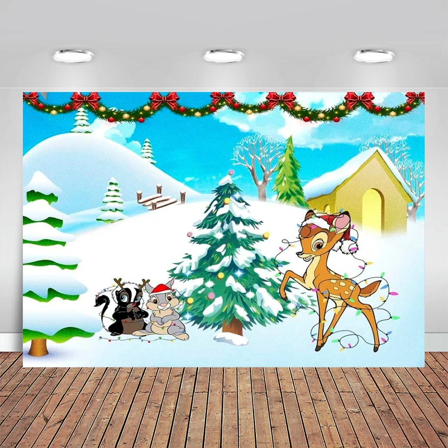 Baby 1st Christmas with Bambi Backdrop for Kid Winter Outside Christmas Background Bambi 1st Birthday Banner for Christmas Party