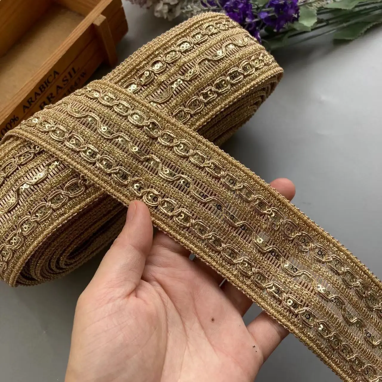 2 meters 5cm Gold Sequin Lace Trim Ribbon Ethnic Dress Decoration Shoe Hat Ethnic Wind Wide Shoe Material Webbing Accessories