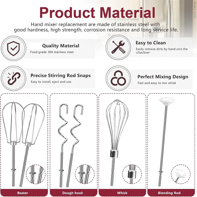 Handmixeropzetstukken Klopper, garde, mengstaaf en deeghaken, roestvrijstalen handmixeraccessoires voor Kitchenaid