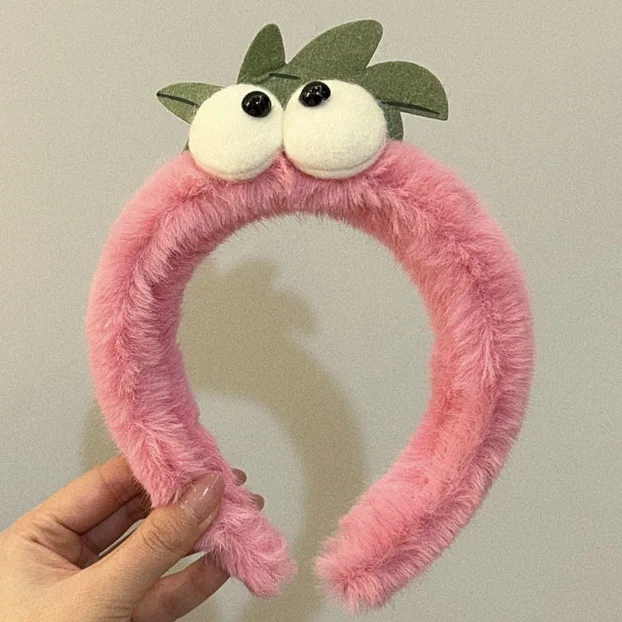 Plush Furry Eyes Headband Cute Cartoon Pink Strawberry Hair Band Women Girl Wash Face makeup Hair accessories