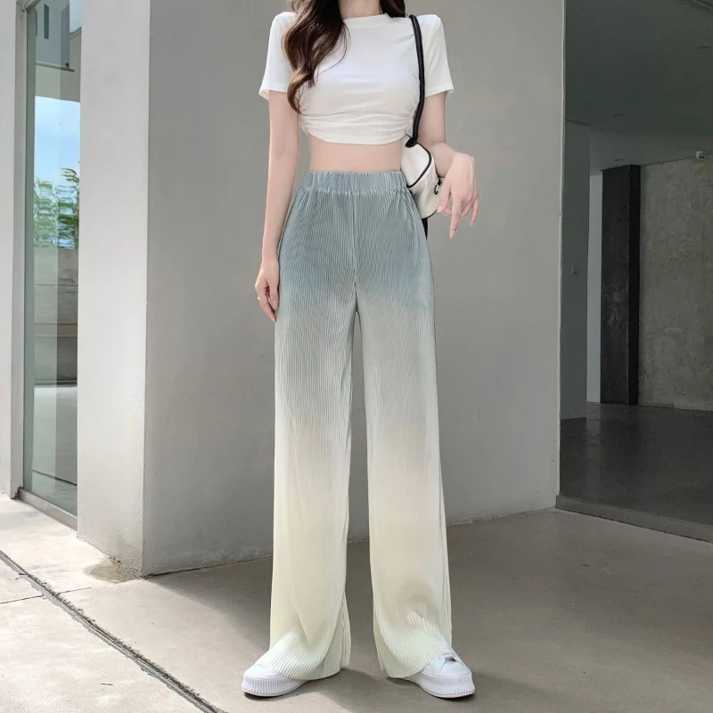 Ombré Tie Dye High Waist Wide Leg Pants Folded Texture Casual Lounge Palazzo Pants for Women Loose Fit