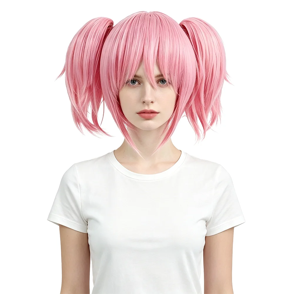 

Puella Magi Madoka Magica Wig Sakura Pink Short Pigtail Wig with Bangs Anime Cosplay Wig For Women Halloween Party Convention