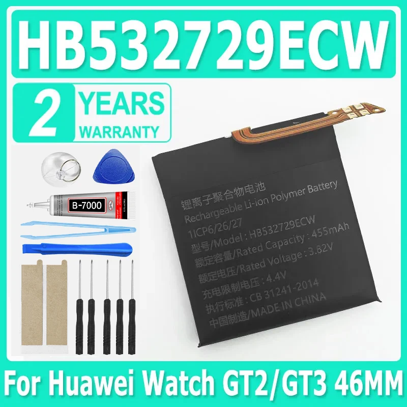 High Quality HB532729ECW Battery 455mAh For Huawei Watch GT2 GT 2 46MM LTN-B19 Smartwatch Battery + Free Tools