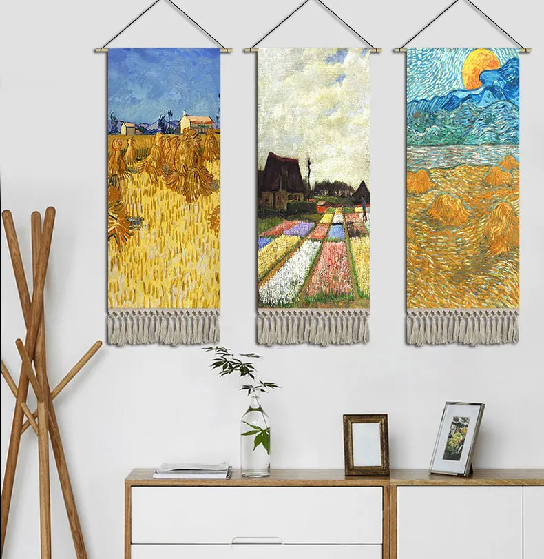 ديكور حائط من نسيج Van Gogh Starry Night - قماش المدخل معلق لغرفة النوم والأريكة وBnB وديكور الغرفة فن التمرير الجمالي #4