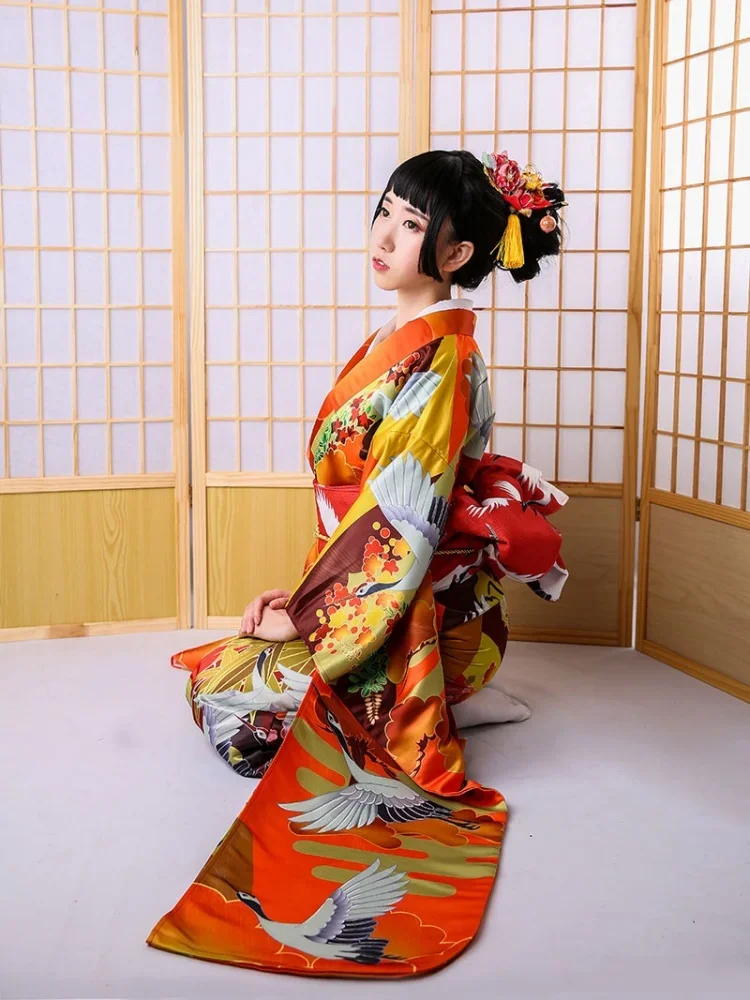 

Women's Japanese Traditional Formal Yukata Floral Prints Long Sleeve Kimono Stage Performance Dress Cosplay Costume