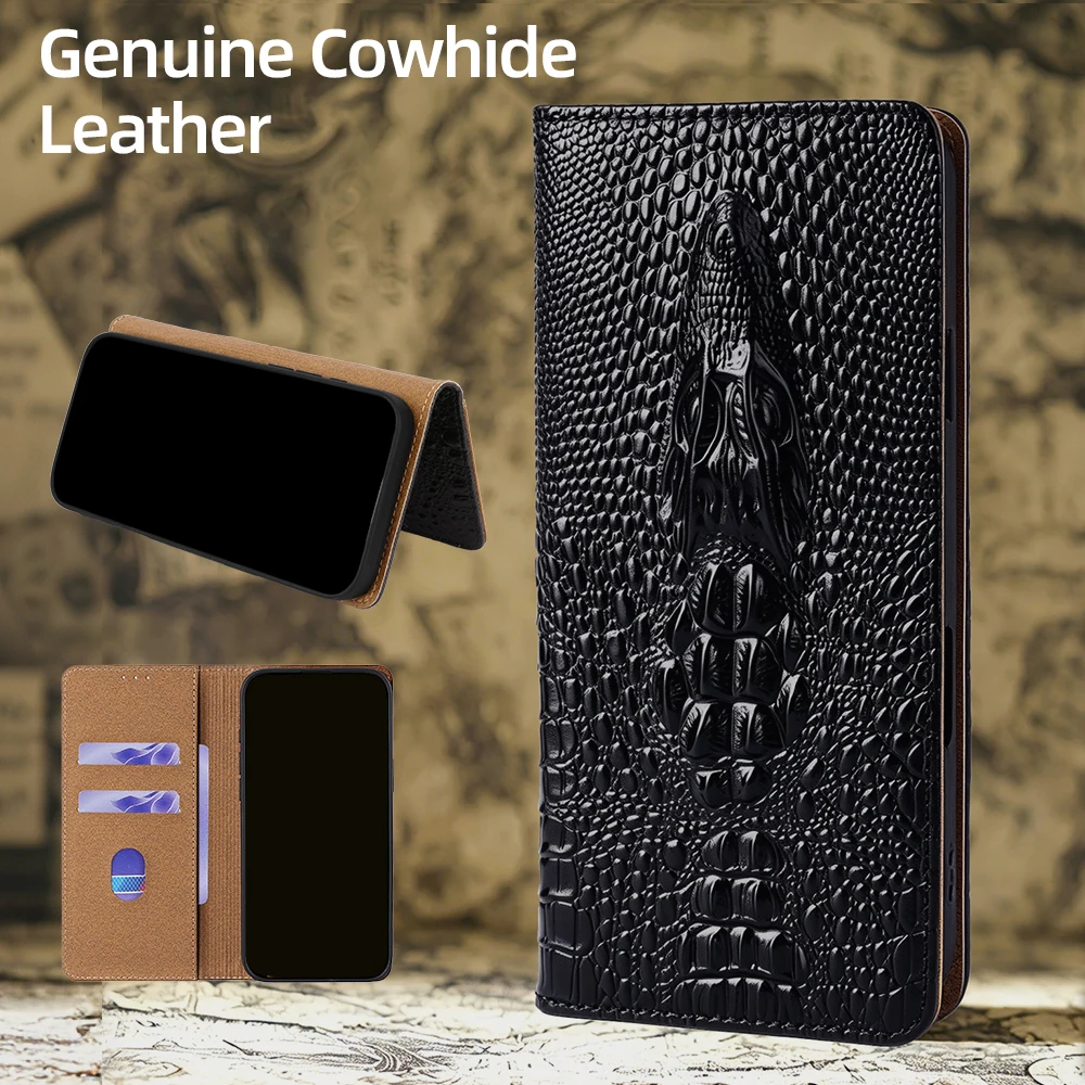 Étui à rabat en cuir véritable de tête de crocodile de luxe, protection intégrale pour Tecno Spark 50 5G 40 Pro+ 40 Pro 30 Pop 10 Pop 9 4G