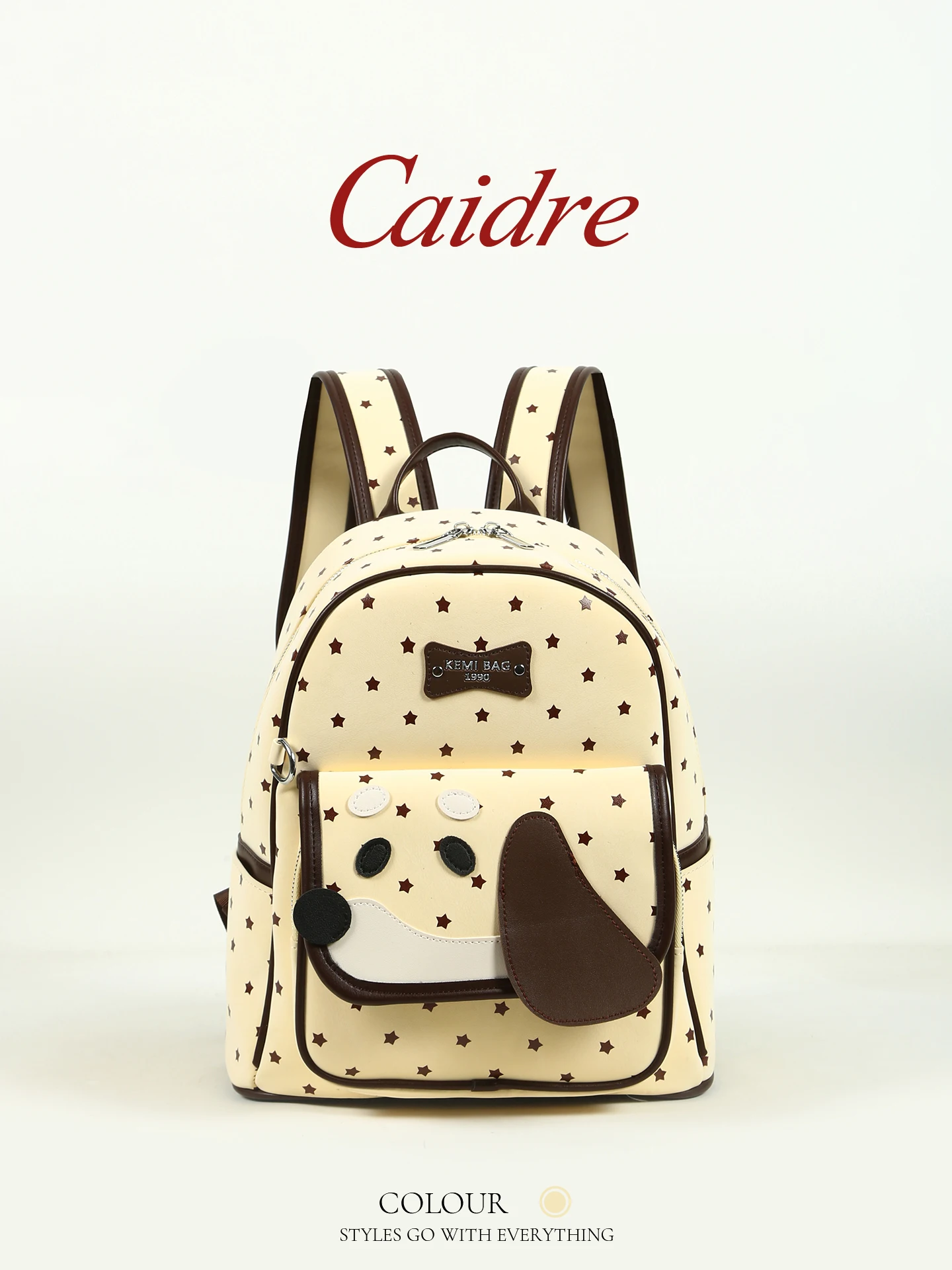 Caidre Korean Style Yellow Polka Dot Doggie Backpack Lightweight Travel Women's Gift Student Bookbag Commuter Bucket Shape