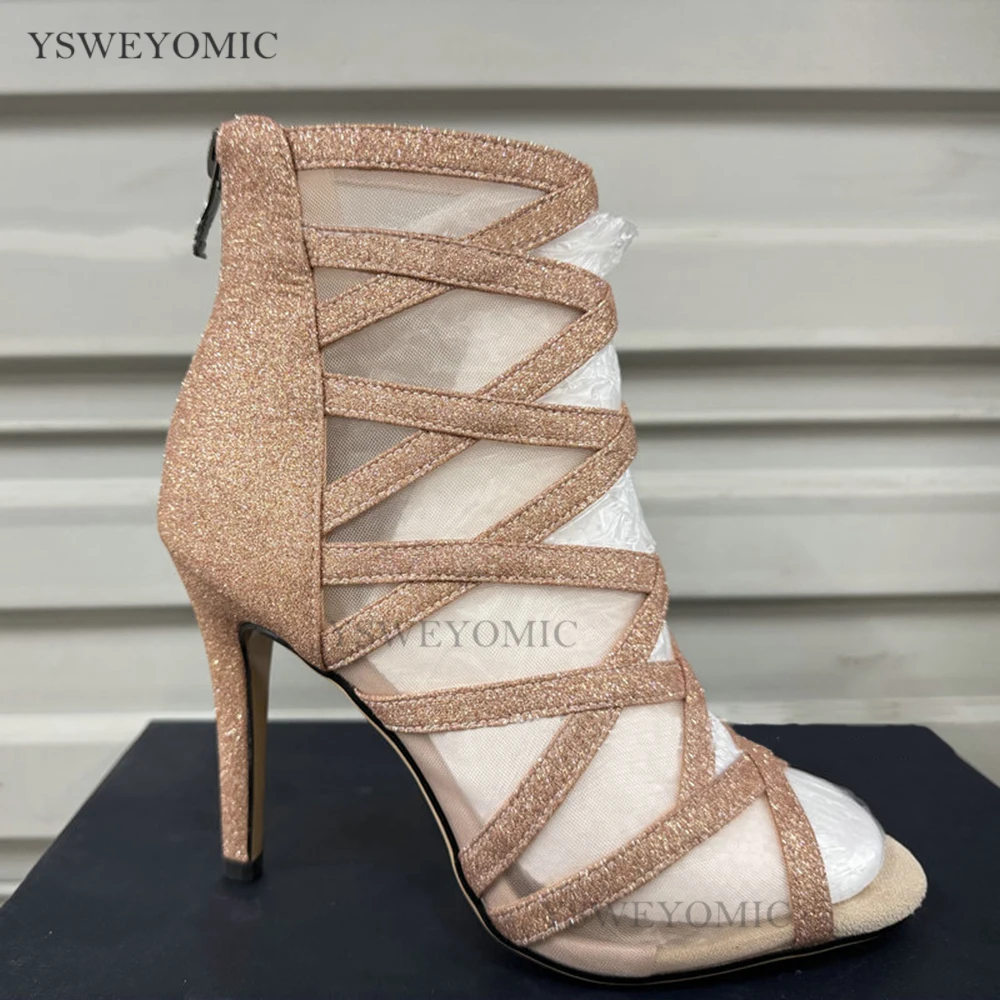 10 cm Tanz Heels Gummi Sohle Outdoor Champagner Gold Mesh Glitter Ausschnitt Heels Zapatos de baile Jazz Dance Booties
