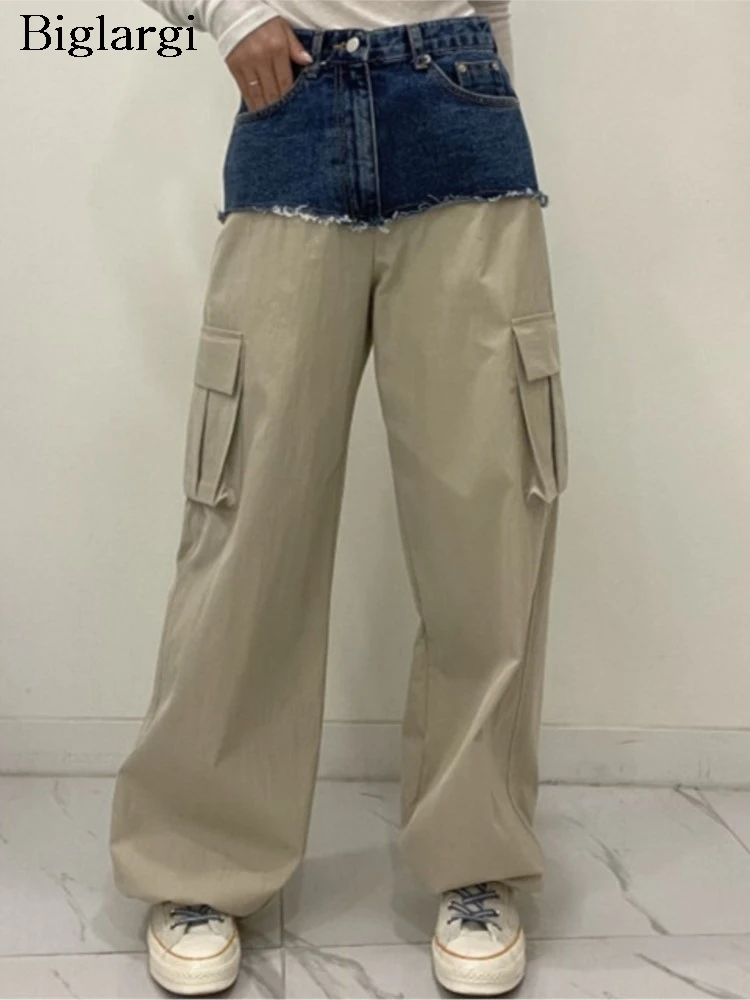 

High Waist Spring Autumn Denim Patchwork Pant Women Loose Pleated Korean Style Ladies Trousers Fashion Casual Woman Cargo Pants