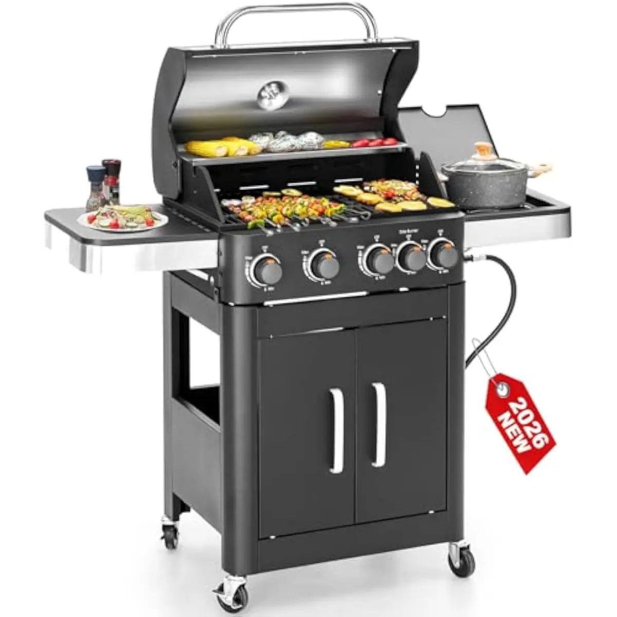 2-in-1 Outdoor Gas Griddle Grill Unit with Integrated Thermometer Stainless Burners Non-Stick Surface Removable Grease Tray Warm