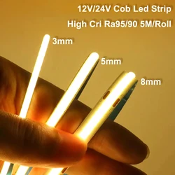 Yüksek Kaliteli 5M Cri90 Ücretsiz Kesim 12V 24V 3mm 5mm 8mm Kendinden yapışkanlı Cob Led Şerit Işık