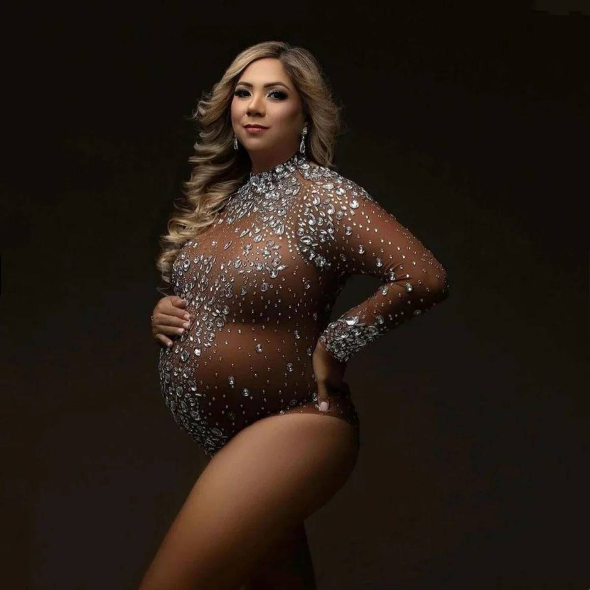 Stretchy Maternity Photography Bodysuit Luxurious Crystals Brown Rhinestone Pregnancy Photo Shoot Wear Jumpsuits