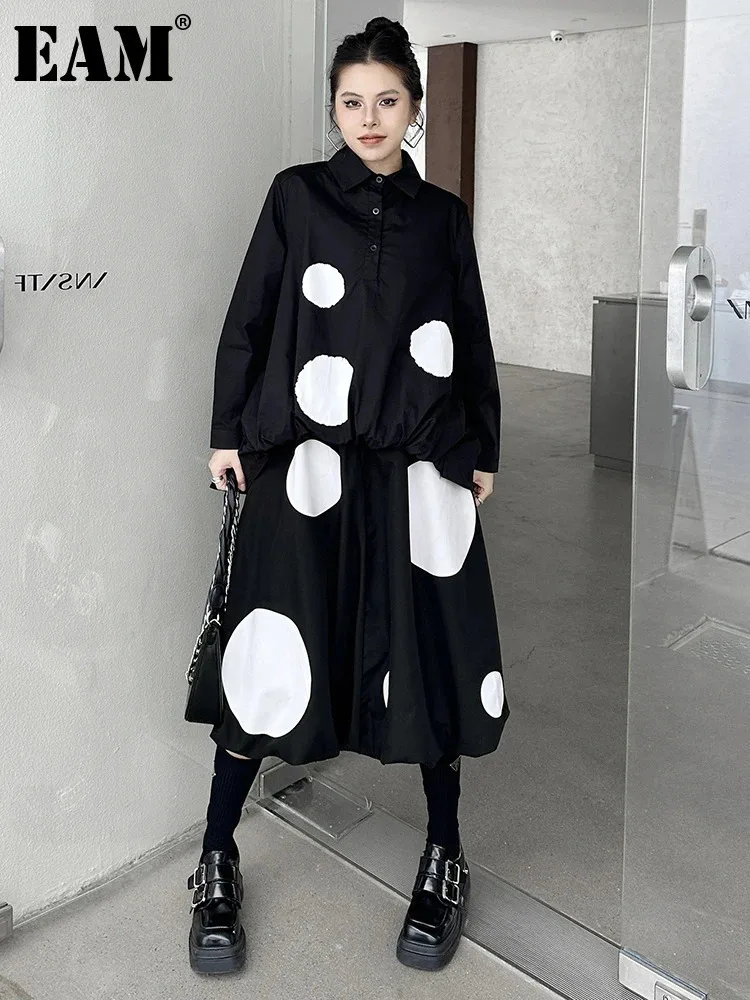 [EAM] Black Dot Big Size Irregular Shirt Skirt Two Pieces Suit New Lapel Long Sleeve Women Fashion Spring Autumn 2025 1DH9366