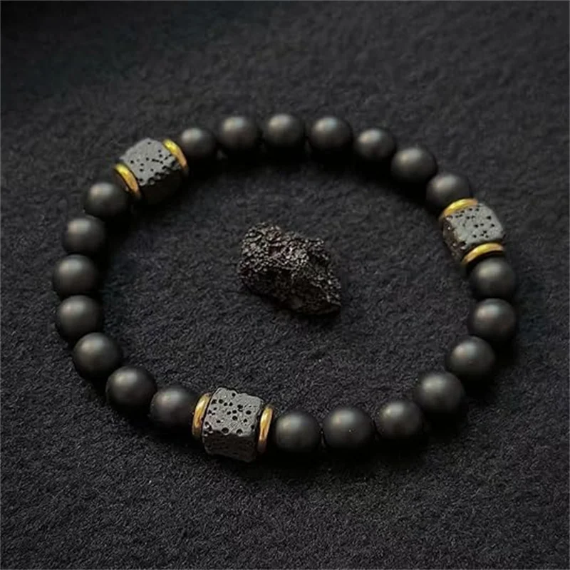 Elastic Adjustable Mens Bracelet 8mm Black Onyx & Lava Stone Beads Bracelet For Men Beads Charm Bracelet With Elastic Cord