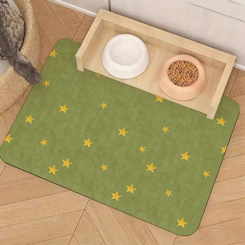 1pc Green Pet Feeding Mat/Golden Star Print/Rubber Non-slip Absorbent Placemat/Pet Tableware Drying Mat/Easy to Clean